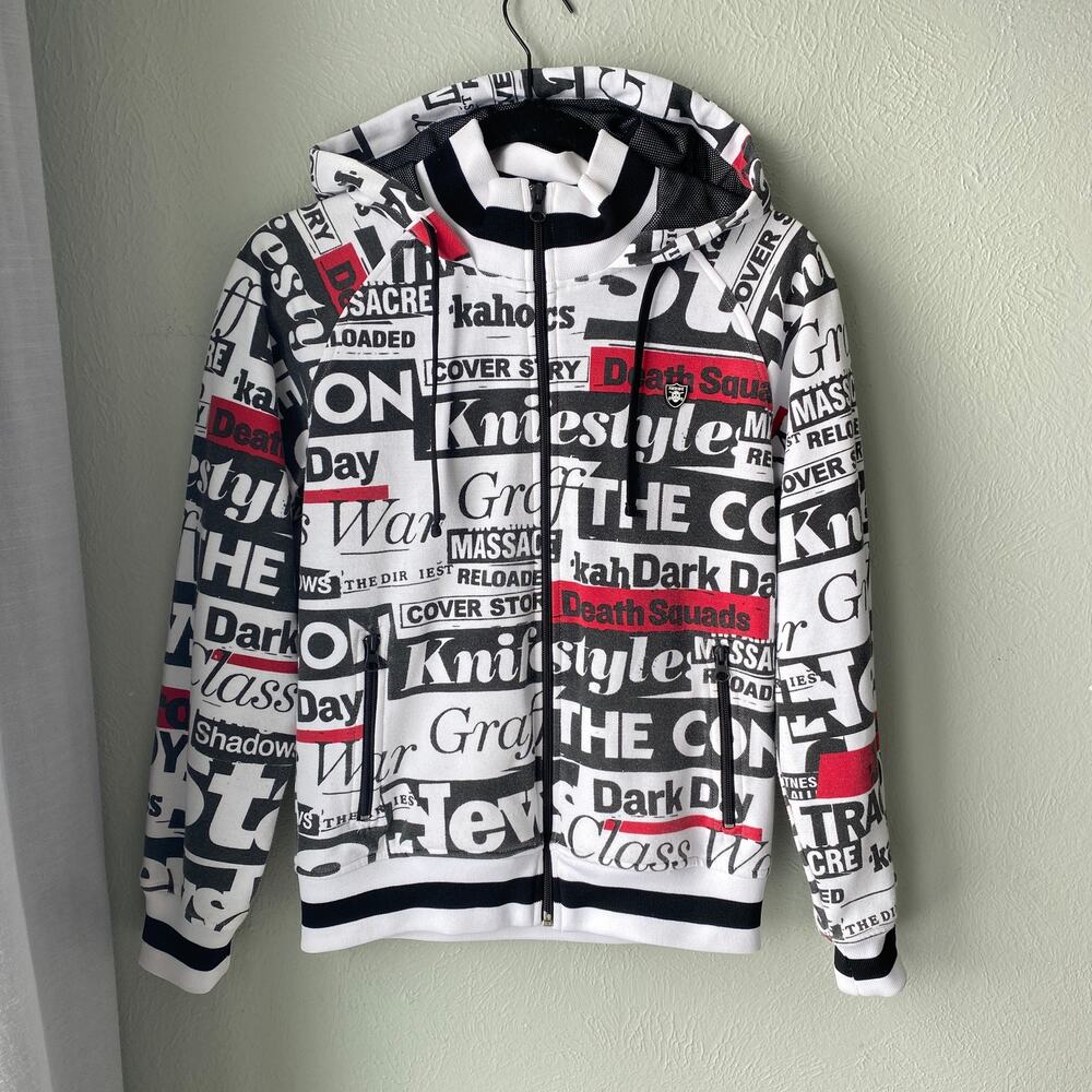 FreshJive Bad News Headlines Zip Up Hoodie Sweater Men's Size S White Red Black